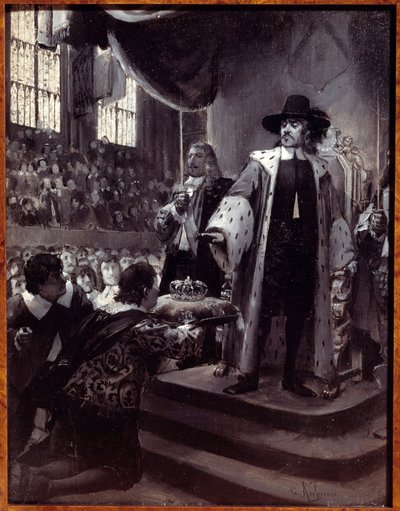 Olivier Cromwell (1599-1658) recusando a coroa O Lorde Protector da República da Grã-Bretanha foi proposto a coroa pela Humble Petition e Avis (Novo Parlamento) em 1658. Grisaille sobre madeira por Georges Antoine Rochegrosse (1859-1938) século XIX. de Georges Marie Rochegrosse