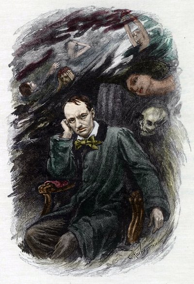 Retrato do poeta francês Charles Baudelaire (1827-1861) rodeia os seus fantasmas (Representação do poeta romântico francês Charles Baudelaire rodeado de fantasmas, ilustração para "As flores do mal") Ilustração de Georges Antoine Rochegrosse (1859-19 de Georges Marie Rochegrosse
