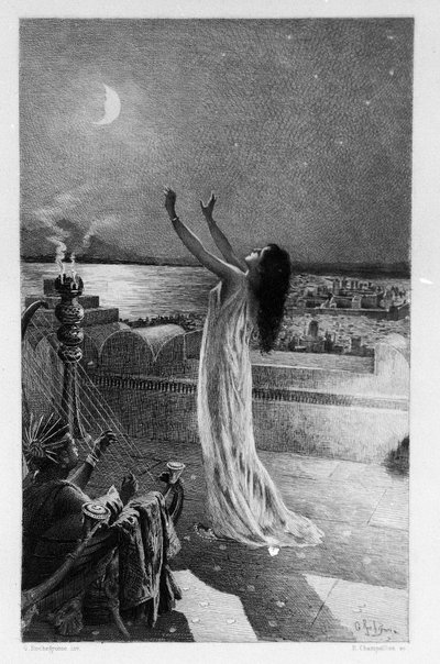 Salammbo, filha de Hamilcar Barca (ou Barcas), reza Tanit, deusa da lua Ilustração de Georges Antoine Rochegrosse (1859-1938) para o romance "Salammbo" de Gustave Flaubert, tomando como enquadramento a guerra mercenária na época da Primeira Púnica de Georges Marie Rochegrosse