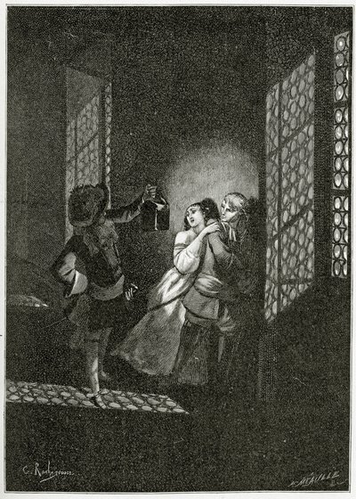 Os amantes Ethel e Ordener são capturados pelo tenente d&39;Alpheld - ilustração de Han d&39;Islande, século 19 (gravura bw) de Georges Marie Rochegrosse