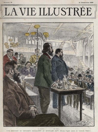 Congresso Geral de Organizações Socialistas, realizado em Paris em dezembro de 1899, no Ginásio Japy - Jean Jaures (1859-1914) e Eugene Fournier (1857-1914) desenho de Georges Redon - la vie illustree de 1899 de Georges Redon