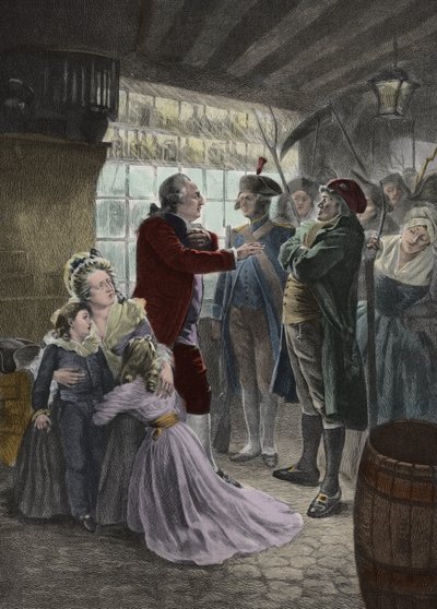 Revolução Francesa: 21 de Junho de 1791 A família real (Luís XVI Rei de França, Rainha Maria Antonieta e seus dois filhos Madame Isabel, irmã do Rei, e a governanta das crianças) apanhada na estalagem de Varennes (Varennes-en-Argonne) durante o de Georges Roussin