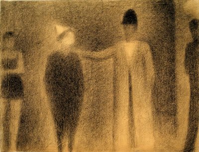 Personagens de palhaço e trois (palhaço e três figuras - estudo) de Georges Seurat