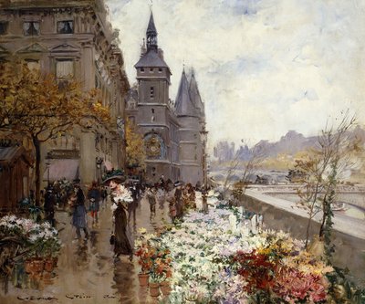 Um mercado de flores ao longo do Sena, de Georges Stein