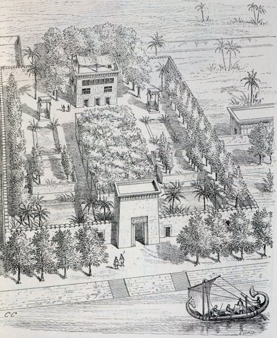 Vista da villa egípcia ao longo do Nilo, reconstrução por Chipiez, da História da arte na antiguidade (Egipto, Assíria, Pérsia, Ásia Menor, Grécia, Etrúria, Roma) de Georges and Chipiez Charles Perrot