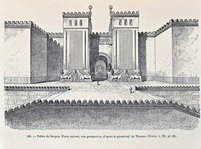 Reconstrução do portão sudeste do Palácio de Sargon em Dur-Sharrukin ("Fortaleza de Sargon"), hoje Khorsabad (gravura) de Georges and Chipiez Charles Perrot