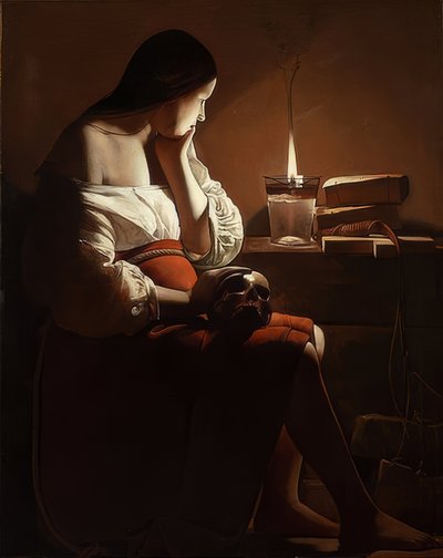 Maria Magdalen com uma chama fumegante. Por volta de 1638-40 de Georges de La Tour