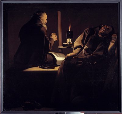 O êxtase de São Francisco também chamou um monge em oração perto de um monge moribundo ou dos dois monges. Pintura (Vanite) por Georges de La Tour (1593-1652) de Georges de la (after) Tour