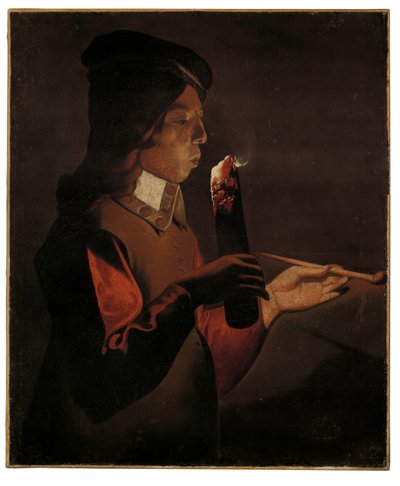 Um menino com um cachimbo, soprando em um incendiário (óleo sobre tela) de Georges de La Tour