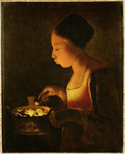 Rapariga a soprar num braseiro (pintura sobre tela) de Georges de la Tour