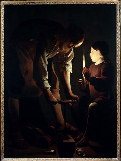 São José carpinteiro Jesus criança segura uma vela para acender o seu pai José no trabalho. Pintura de Georges de La Tour (1593-1652) 1640 Sol. 1,07 X 1,02 m Paris. Museu do Louvre de Georges de La Tour