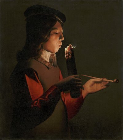 Un jeune garcon avec une pipe, souffle sur un brandon - Um rapazinho com um cachimbo, soprando numa marca de fogo, de La Tour, Georges, de (1583-1652). Óleo sobre tela de Georges de La Tour