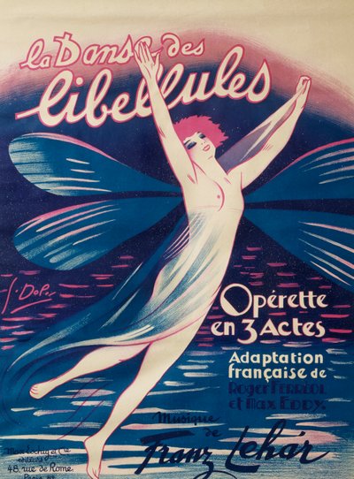 Cartaz de Dança das libélulas, opereta, adaptação francesa de Roger Ferreol e Max Eddy, música de Franz Lehar, Max Eschig Publishing, Paris de Georges pseudonym of Edmond Vernier Dola