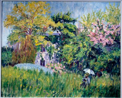 O jardim de Bonnieres Um leitor tem debaixo de um guarda-chuva em relva alta. Pintura de Georgette Agutte (1867-1922) 1909-1910. Óleo sobre tela, 81 x 100 cm. Grenoble, musee des Beaux Arts - O jardim de Bonnieres. Um leitor debaixo de um guarda-chuva, na  de Georgette Agutte