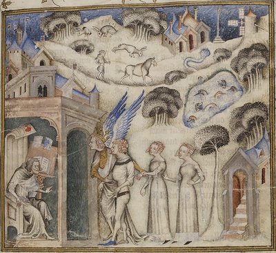 Amour conduzindo seus filhos Doce Pensamento, Prazer e Esperança a Guillaume de Machaut, por Mestre da Bíblia de Jean de Sy 1372-77 (42374611771) de Georgia Levan Ramishvili from Tbilisi
