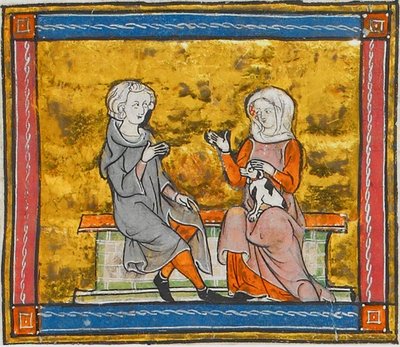 Lancelot em conversa com uma senhora que segura um pequeno cão preto e branco, de Morte Artu, c. 1315-1325 (41067329535) de Georgia Levan Ramishvili from Tbilisi