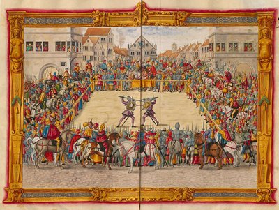 O marechal Wilhelm von Dornsberg e Theodor Haschenacker em duelo no mercado de vinhos de Augsburgo, de Fechtbucher de Jörg Breu, o Jovem, c. 1544 (48108343966) de Georgia Levan Ramishvili from Tbilisi