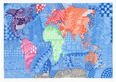 Mapa do Mundo, 2015 (tinta sobre cartão de bristol) de Georgina Naisbitt