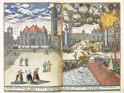 A Piazza San Marco e a conflagração do Palazzo Senatorii, c.1577-8 de Georgius Housnaglius