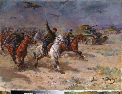 Ataque (Tanques e cavalaria do Exército Vermelho durante a revolução de Outubro) - Ataque - Pintura de George (Georgy, Georgi) Konstantinovich Savitsky (1887-1949), óleo sobre tela de Georgiy Konstantinovich Savitsky