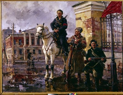 Revolução Russa de Outubro de 1917: "Os primeiros dias de Outubro". A captura do Palácio de Inverno em São Petersburgo a 25 de Outubro de 1917, um assalto liderado pelos Guardas Vermelhos e pelos Bolcheviques. Pintura por George (Georgy, Georgi) de Georgiy Konstantinovich Savitsky