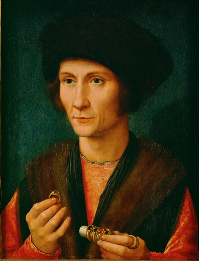 Um ourives, talvez Jacques Cnoop, sogro de Gerard David ... (óleo sobre madeira de carvalho) de Gerard David