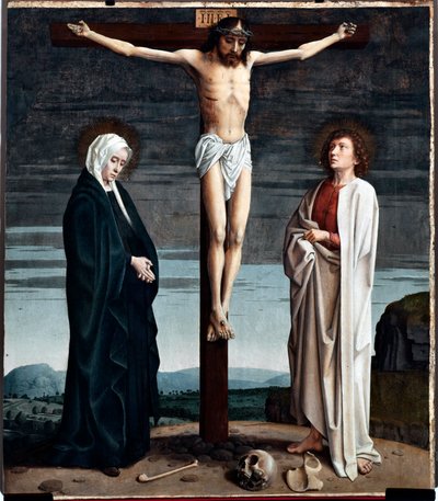Painel Crucifixo Políptico da Igreja de San Gerolamo della Cervara - Pintura de Gerard David (ca. 1460-1523) 1506 Dim 90x100 cm Genes Musei di Strada Nuova (ex Palazzo Bianco) Itália de Gerard David