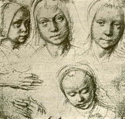 Quatro cabeças de uma jovem garota e duas mãos, c1500-1505, 1908. de Gerard David
