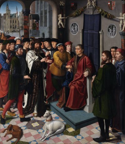 O Acórdão de Cambyses (o rei persa Cambyses II (falecido em 522 AC) condena o juiz Sisamnes a ser esfolado vivo, por ter dado uma sentença em troca de dinheiro) - O Acórdão de Cambyses (painel da esquerda) - Pintura de Gerard David (ca. 1460-1523) - 149 de Gerard David