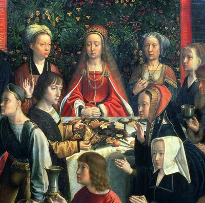 O casamento em Caná, detalhe da noiva e convidados em torno do óleo no detalhe do painel de 94324 de Gerard David