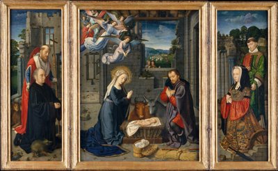 A Natividade com Doadores e Santos Jerônimo e Leonard, c.1510-15 (óleo sobre tela) de Gerard David