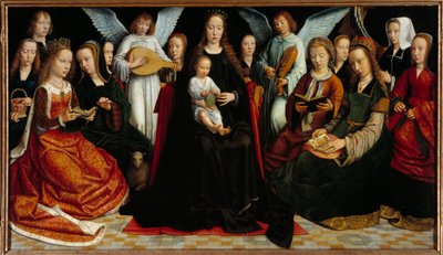 A Virgem entre os santos antes: Santa Doroteia, Santa Catarina, Santa Inês, Santa Fausta, São Apolo (ou Apolónia), Santa Godeline, Santa Cecilia, São Barbe, Santa Lúcia, ao fundo: Gerard David e sua esposa Cornelie e dois anjos músicos. de Gerard David