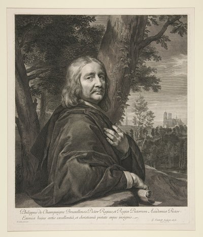 Philippe de Champaigne de pé numa paisagem de Gérard Edelinck