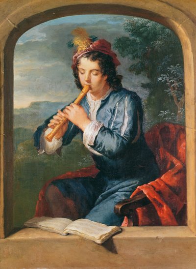 Jovem tocando a flauta (pastel em papel) de Gerard Hoet