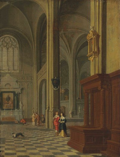 Alemão: Inneres einer Kirche Interior de uma igreja gótica com figuras elegantes de Gerard Houckgeest