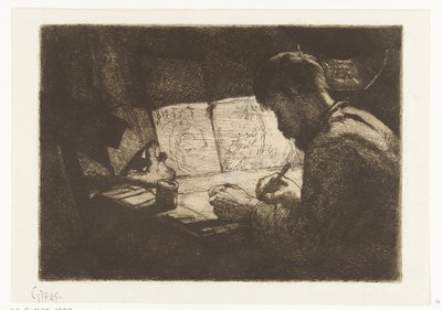 Autorretrato atrás da prancheta de Gerard Jan Bos (signed by artist)