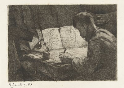 Autorretrato atrás da prancheta de Gerard Jan Bos (signed by artist)