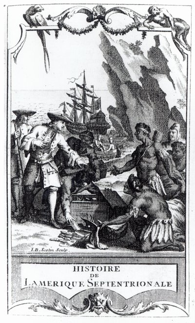 Frontispício da História da América do Norte por Bacqueville de La Potherie (1663-1736), publicado em 1753 (foto bw) de Gerard Jean Baptiste Scotin