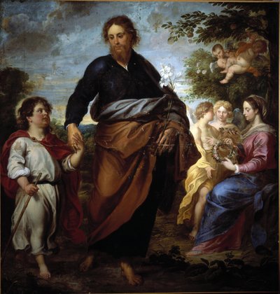 São José e Jesus, no fundo a virgem (óleo sobre tela de Gerard Seghers