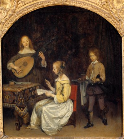 O Concerto: cantora e tocadora de Luth Theorbe. Pintura de Gerard Ter Borch (1617-1681), escola holandesa de Gerard ter Borch