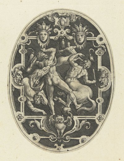 Hércules em batalha com os centauros
Decorações de plano oval representando os feitos de Hércules em grotescos (título da série) de Gerard de Jode