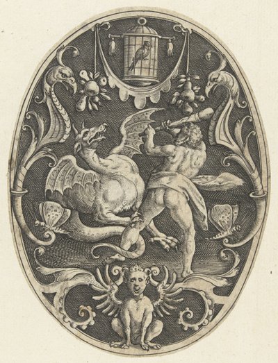Decoração de planos: Hércules mata o dragão Ladon
Decorações de plano oval representando os feitos de Hércules em grotescos (título da série) de Gerard de Jode