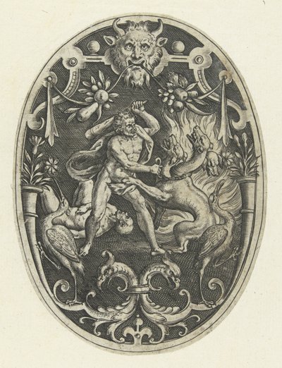 Decoração de planos: Hércules mata o monstro Geryon
Decorações de plano oval representando os feitos de Hércules em grotescos (título da série) de Gerard de Jode