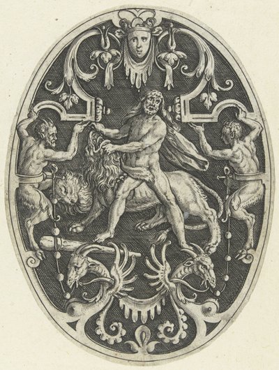 Decoração de planos: Hércules e o leão Nemean
Decorações de plano oval representando os feitos de Hércules em grotescos (título da série) de Gerard de Jode