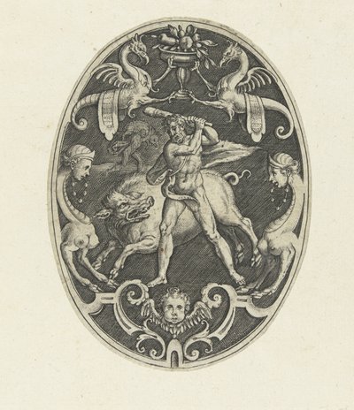 Decoração de planos: Hércules captura o javali eritmânico
Decorações de plano oval representando os feitos de Hércules em grotescos (título da série) de Gerard de Jode