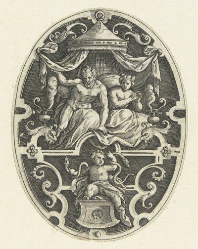 Decoração da superfície: Hércules estrangula as duas cobras em seu berço Decorações de superfície oval com os feitos de Hércules em grotescos (título da série) de Gerard de Jode