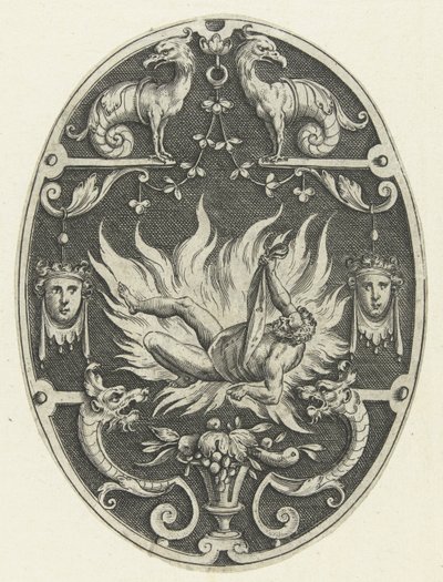 Decoração de superfície: a morte de Hércules Decorações de superfície oval com os feitos de Hércules em grotescos (título da série) de Gerard de Jode