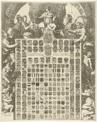 Brasão de armas do Príncipe Guilherme III em moldura alegórica
As Armas de Género LXIIII do Príncipe de Oraenjen, etc. e as Armas dos 7 Países Baixos Unidos com as suas Cidades, etc. (título sobre o objecto) de Gerard de Lairesse