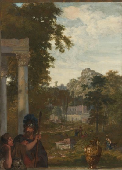 Paisagem italiana com dois soldados romanos Decoração para um quarto na casa de Jacob de Flines em Amsterdã (título da série) de Gerard de Lairesse