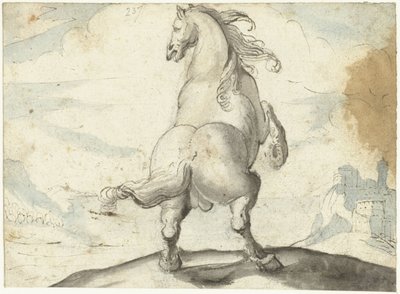 Cavalo de corrida em frente a uma cena portuária italiana de Gerard ter Borch (I)